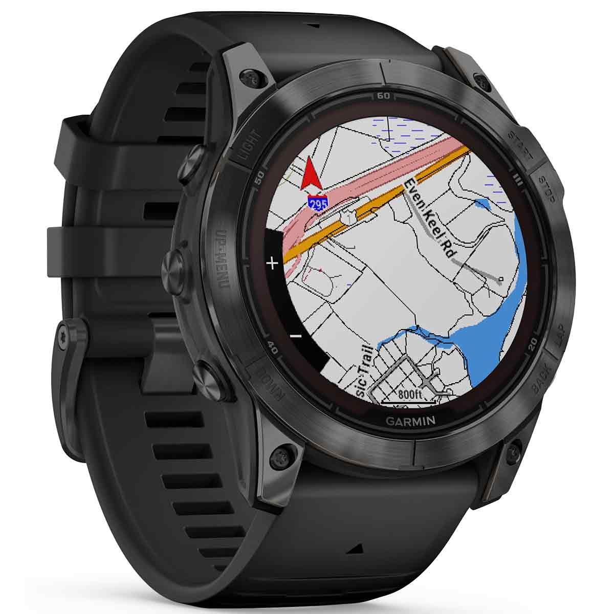 Garmin Fenix 7X Pro Solar smartwatch with detailed topographic maps, offering precise navigation for adventurers.