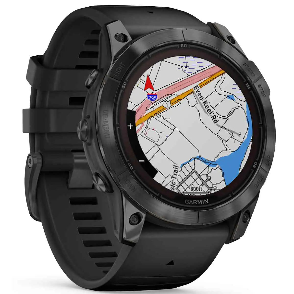 Garmin Fenix 7X Pro Solar smartwatch with detailed topographic maps, offering precise navigation for adventurers.  from  John Bull Clothing 