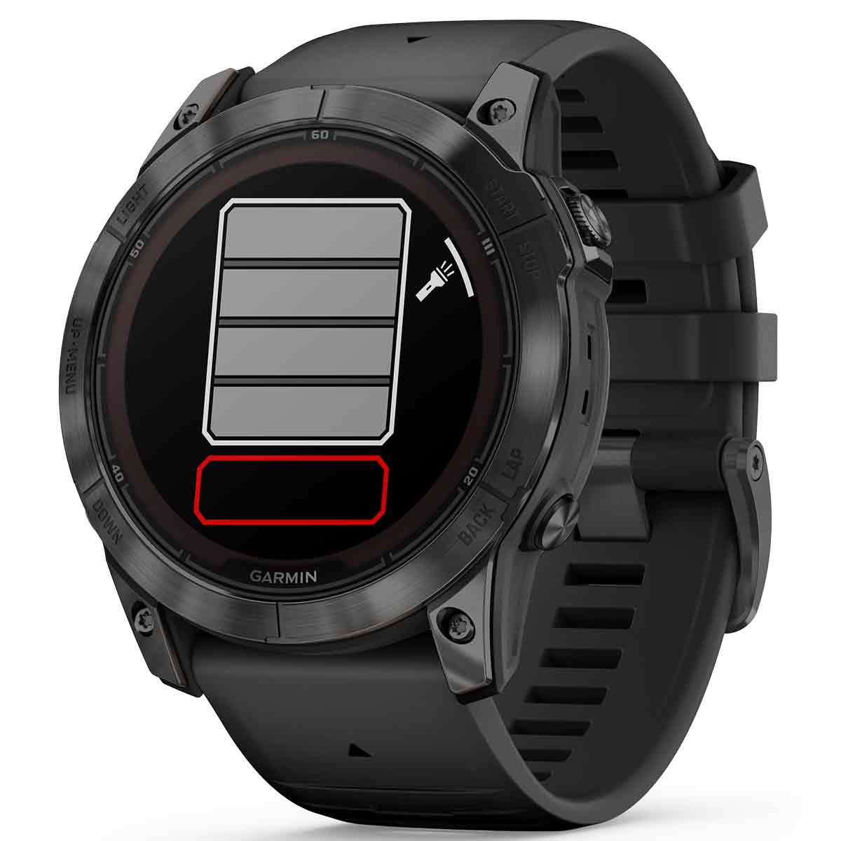 Garmin Fenix 7X Pro Solar Carbon Grey Titanium GPS watch displaying battery status, designed for endurance and outdoor adventures.