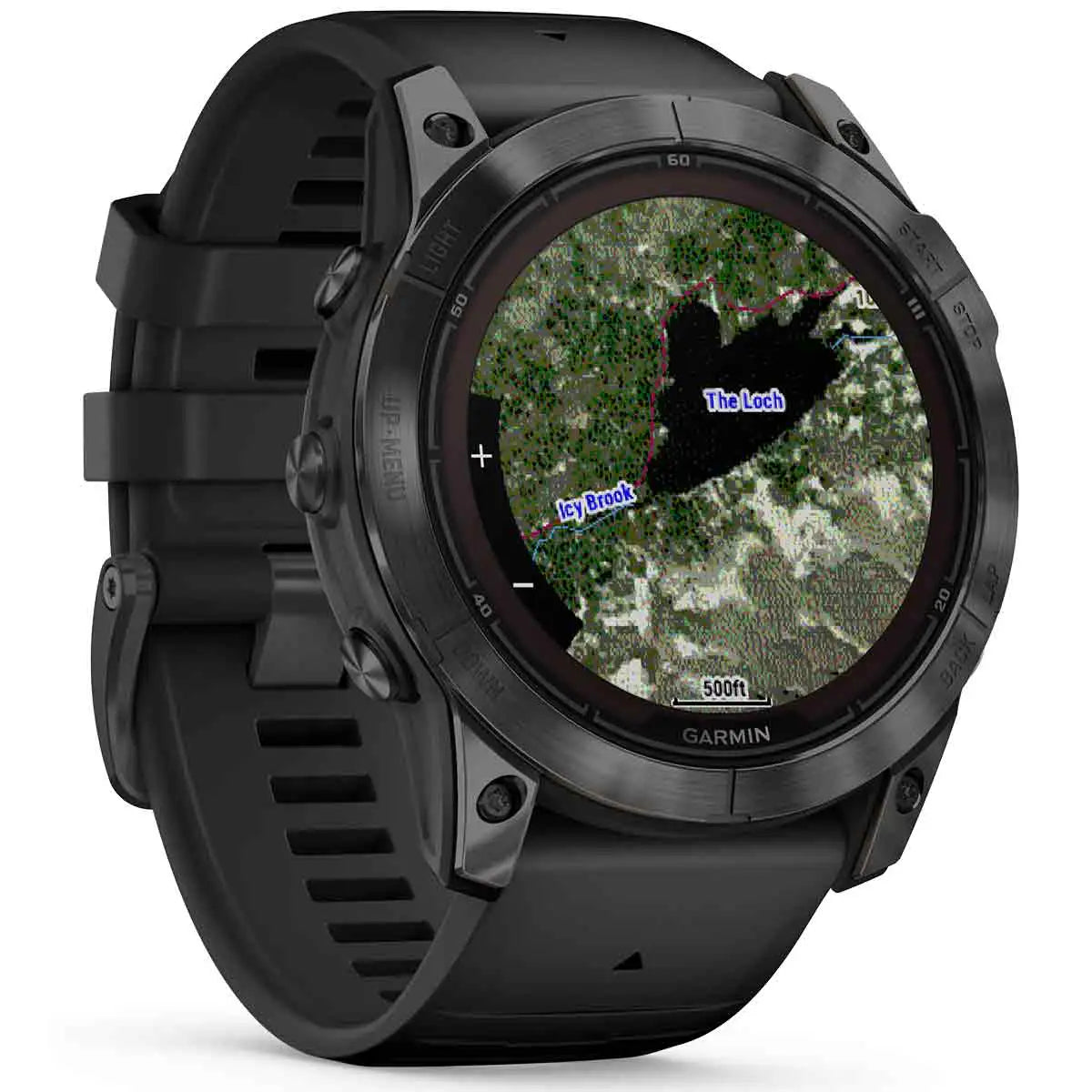 Garmin Fenix 7X Pro Solar GPS watch displaying a satellite map, perfect for navigation and outdoor exploration.  from  John Bull Clothing 
