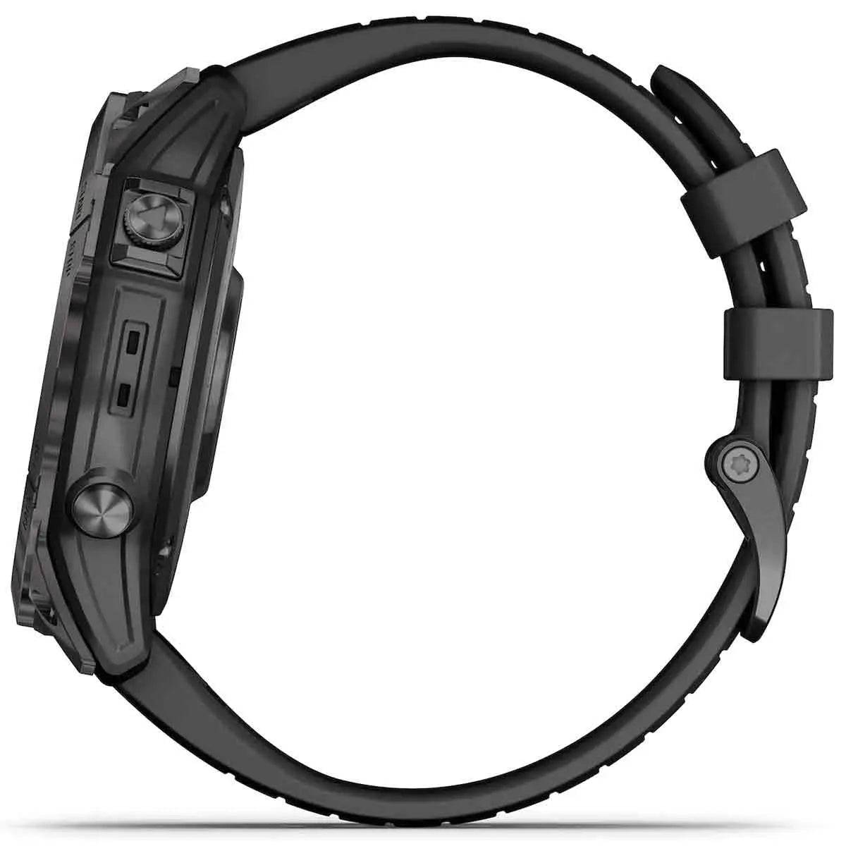 Garmin Fenix 7X Pro Solar GPS watch side profile, highlighting its durable titanium build and rugged design.