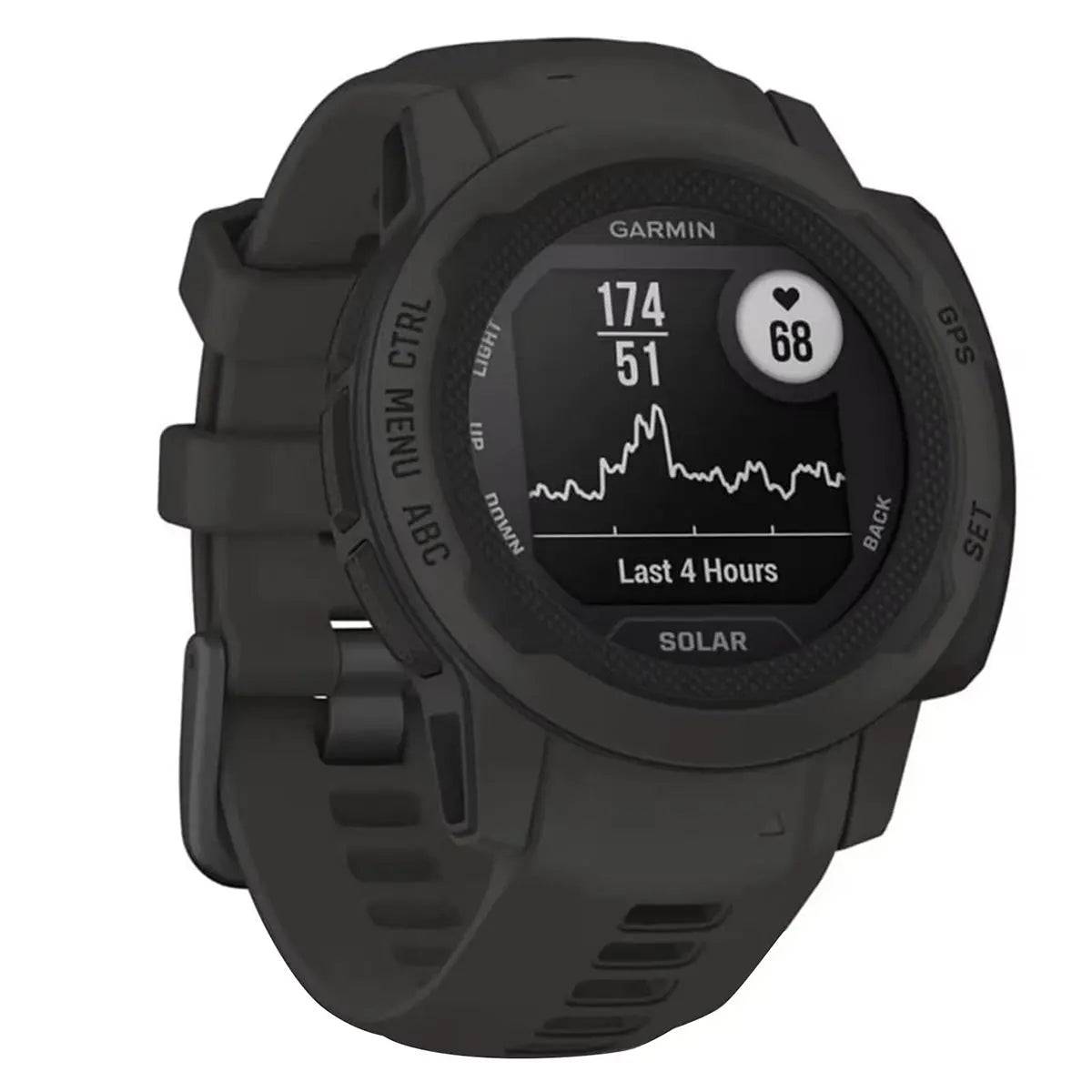 Garmin Instinct 2S Solar Smart Watch showing heart rate monitoring, ideal for tracking fitness and health metrics during workouts and daily activities.