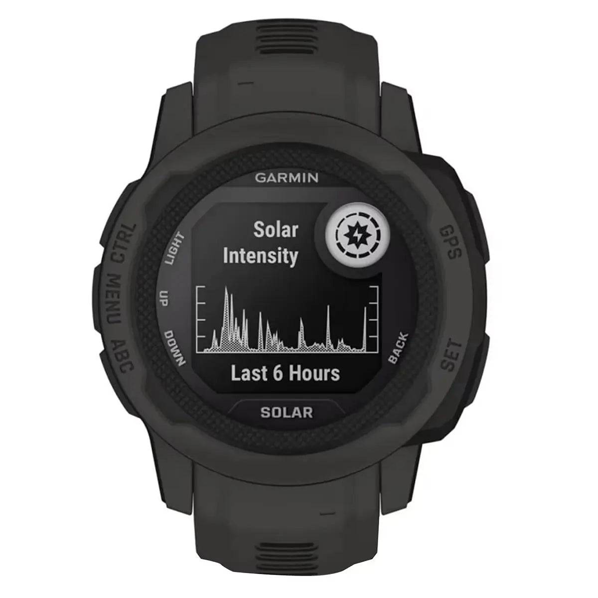 Garmin Instinct 2S Solar Smart Watch displaying solar intensity tracking, ensuring extended battery life for outdoor and fitness enthusiasts.