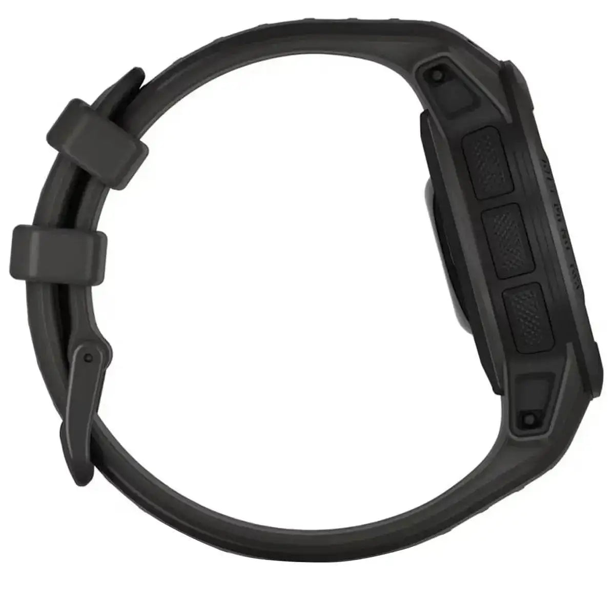 Side view of Garmin Instinct 2S Solar Smart Watch in graphite, showcasing its durable design with multiple control buttons for easy navigation.  from  John Bull Clothing 