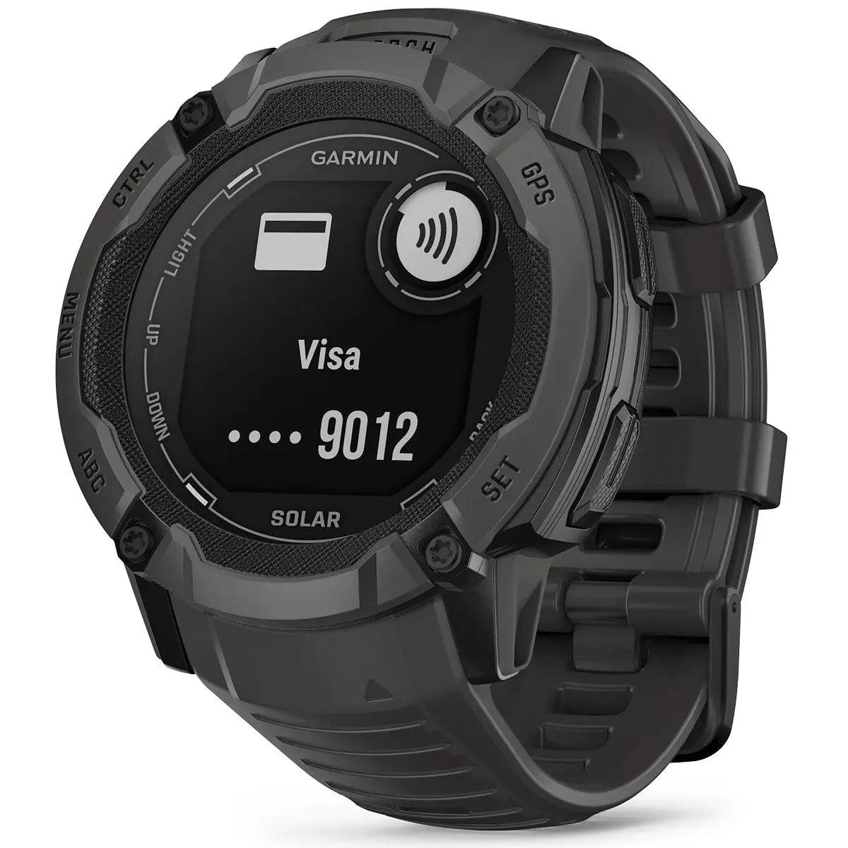 Garmin Instinct 2X Solar GPS Smartwatch showing contactless payment feature on its durable, solar-powered display for convenience on the go.