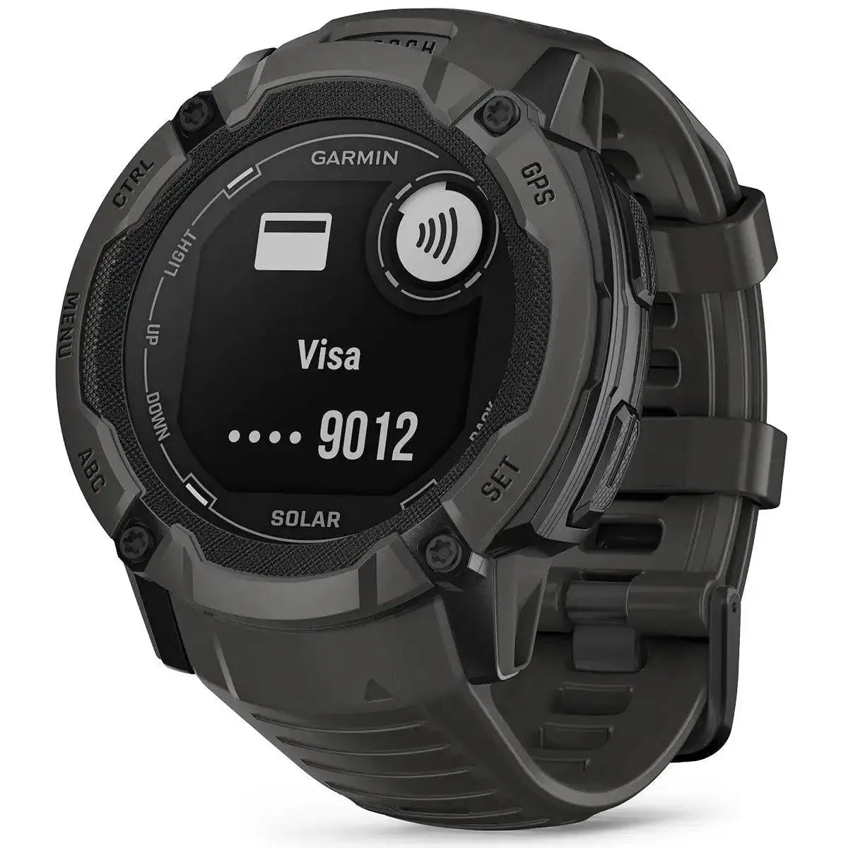 Garmin Instinct 2X Solar GPS Smartwatch showing contactless payment feature on its durable, solar-powered display for convenience on the go. Graphite from  John Bull Clothing 