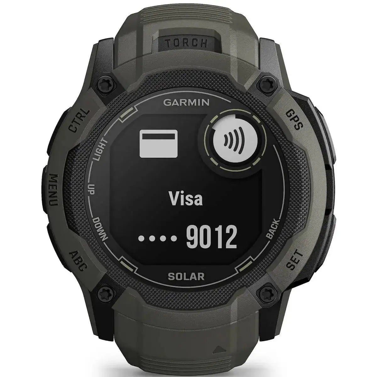 Front view of Garmin Instinct 2X Solar GPS Smartwatch highlighting Garmin Pay contactless payment feature on a rugged, solar-powered screen.  from  John Bull Clothing 
