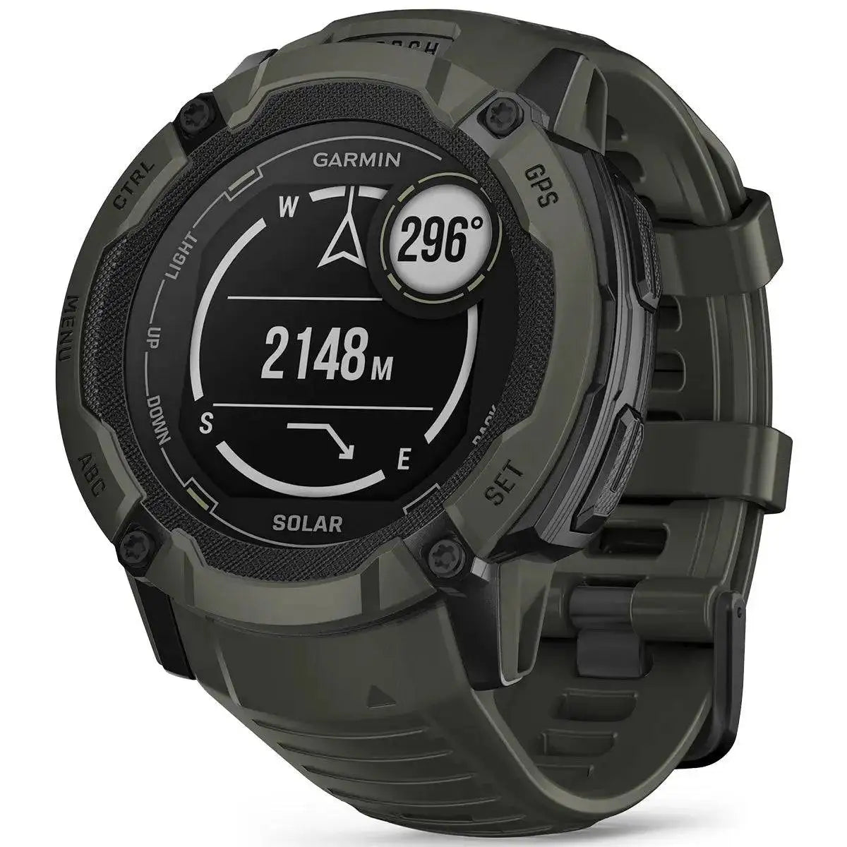Garmin Instinct 2X Solar GPS Smartwatch in rugged green design with compass navigation display, built for outdoor adventures and durability. Moss from  John Bull Clothing 