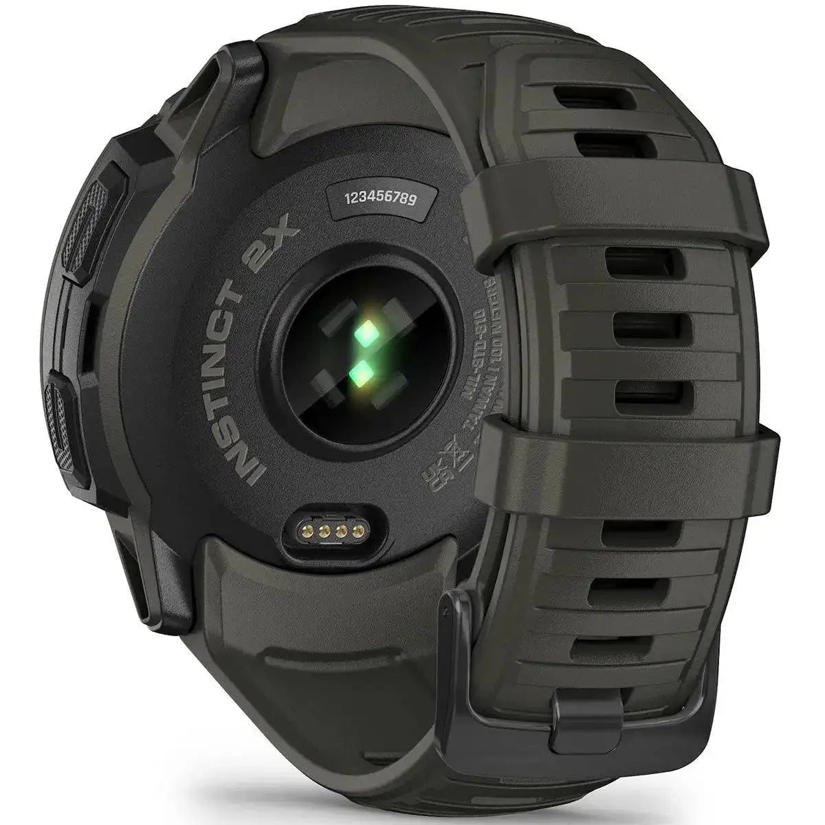 Back view of Garmin Instinct 2X Solar GPS Smartwatch showing heart rate sensor and charging port, designed for durability and performance.  from  John Bull Clothing 