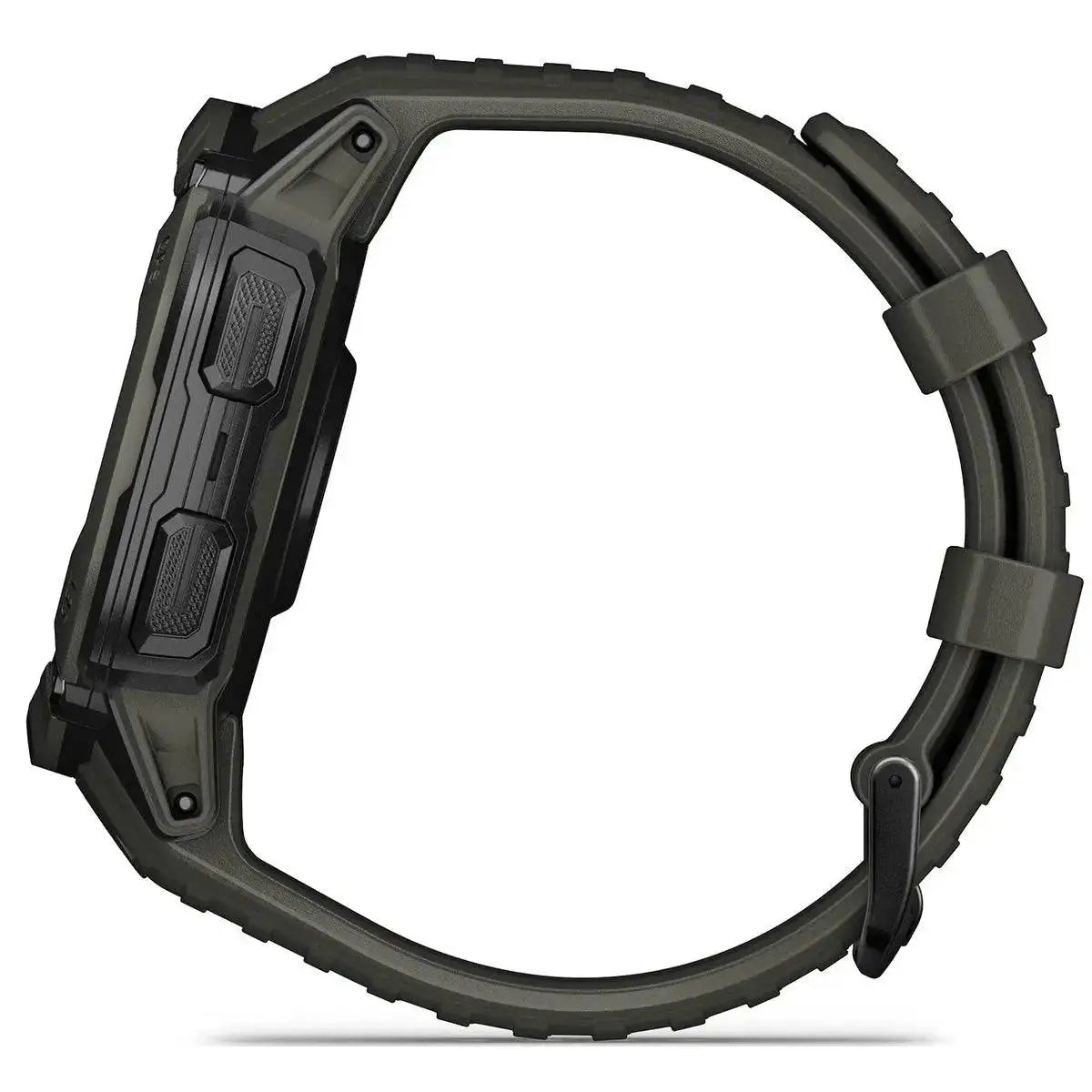 Side profile of Garmin Instinct 2X Solar GPS Smartwatch showcasing rugged build and durable buttons for outdoor and tactical use.  from  John Bull Clothing 