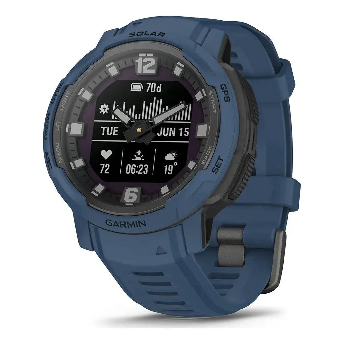 Garmin Instinct Crossover Solar Smartwatch 45mm Hybrid in blue with rugged design, solar charging, and GPS functionality for outdoor adventures.