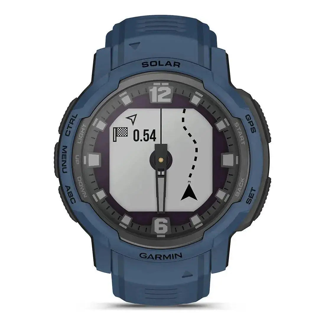 Garmin Instinct Crossover Solar Smartwatch in blue, featuring a navigation screen with route tracking for precise outdoor exploration.  from  John Bull Clothing 