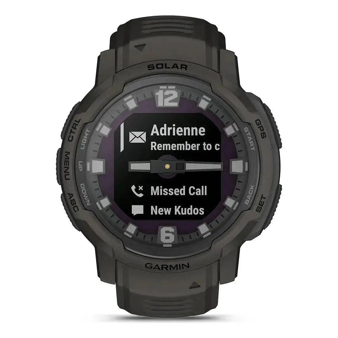 Garmin Instinct Crossover Solar Smartwatch showing smart notifications, including missed calls and messages, for seamless connectivity on the go.  from  John Bull Clothing 