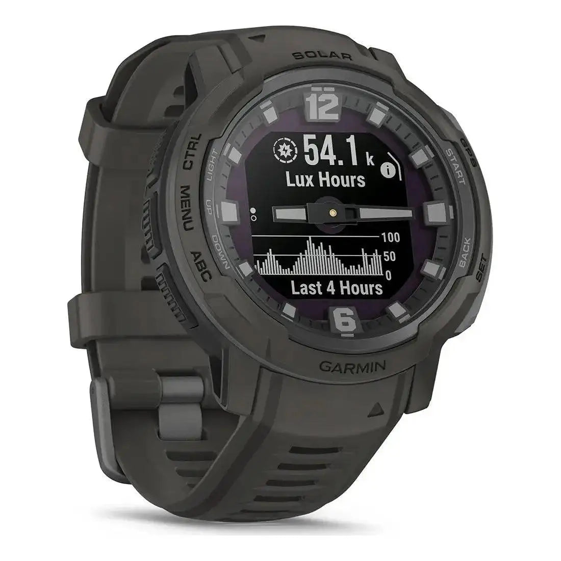 Garmin Instinct Crossover Solar Smartwatch displaying solar intensity tracking, helping users monitor solar energy absorption for extended battery life.  from  John Bull Clothing 