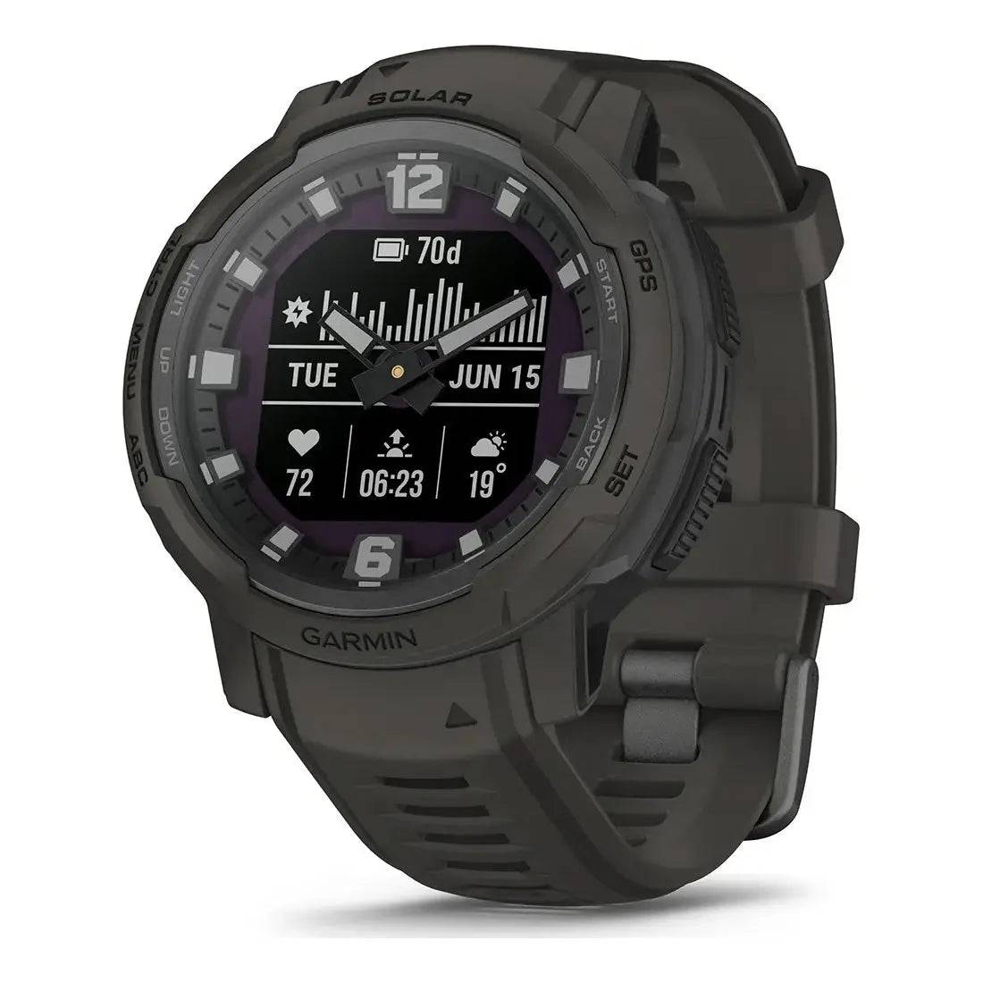 Garmin Instinct Crossover Solar Smartwatch 45mm Hybrid in black, featuring durable construction, solar charging, and advanced GPS tracking.