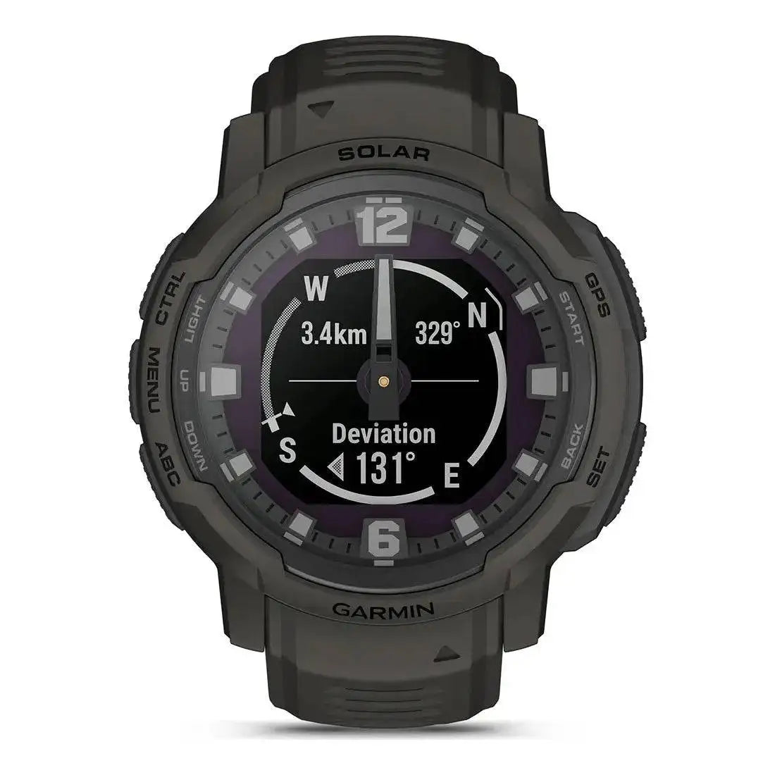 Garmin Instinct Crossover Solar Smartwatch with a digital compass and deviation tracking, perfect for navigation and adventure sports.  from  John Bull Clothing 