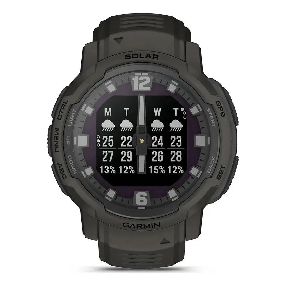 Garmin Instinct Crossover Solar Smartwatch displaying a detailed weather forecast, helping users plan outdoor activities efficiently.  from  John Bull Clothing 