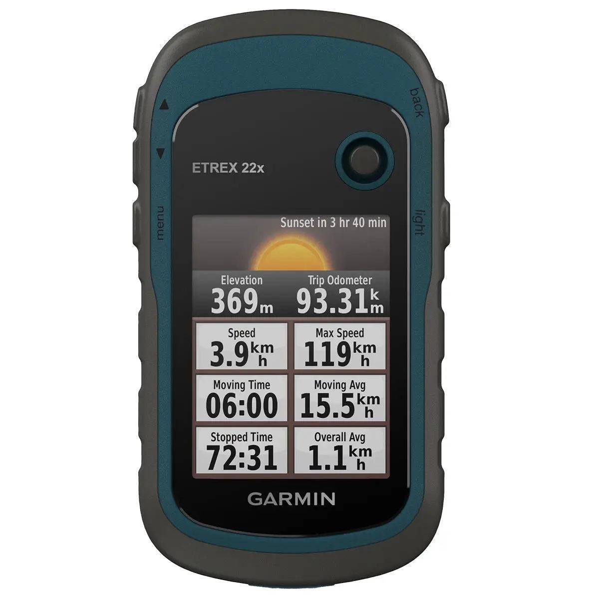 Garmin eTrex 22x GPS device with a sunlight-readable 2.2-inch color display, showing trip odometer, speed, and elevation data for outdoor navigation.