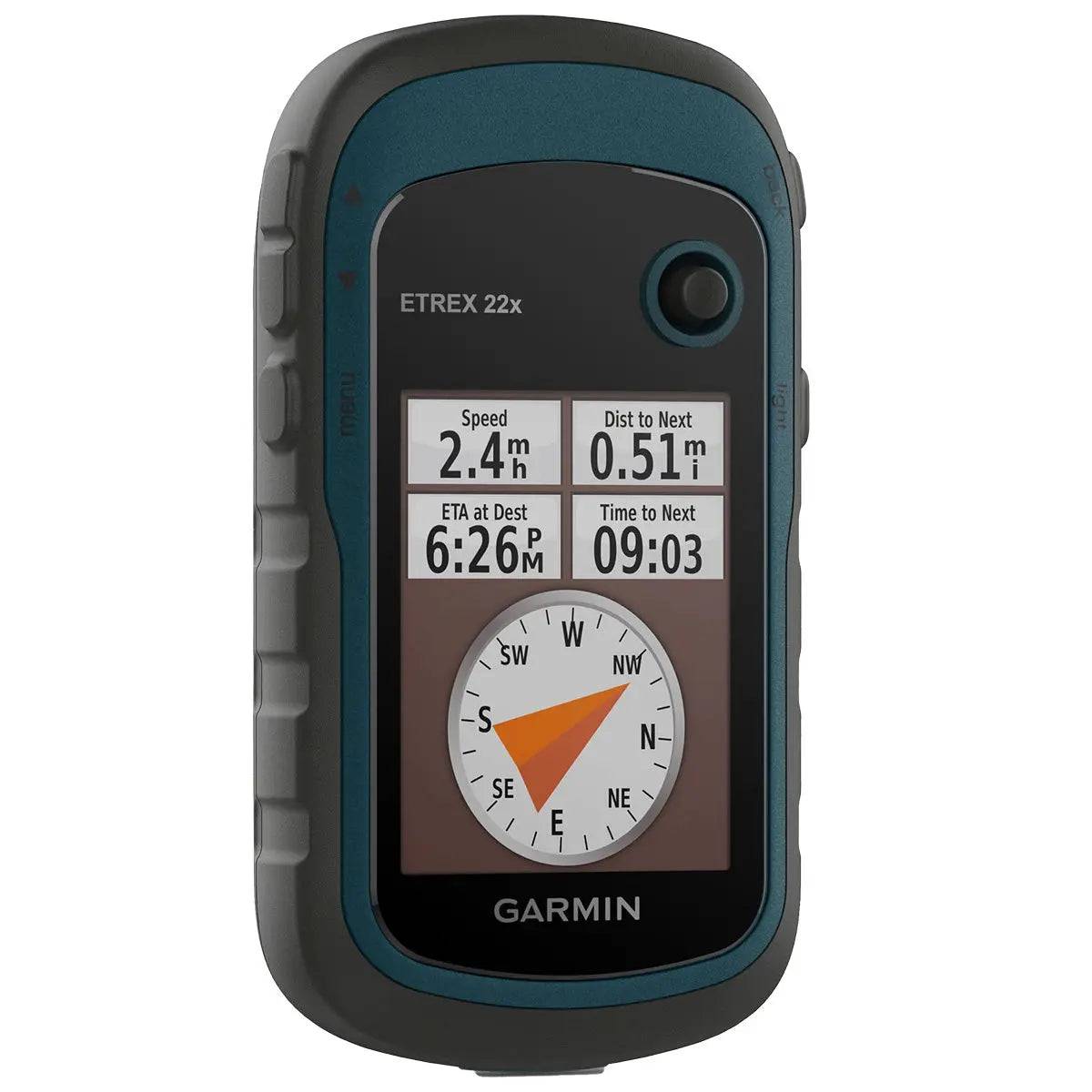 Garmin eTrex 22x handheld GPS device displaying a compass and trip data, designed for hikers, geocachers, and off-road explorers.