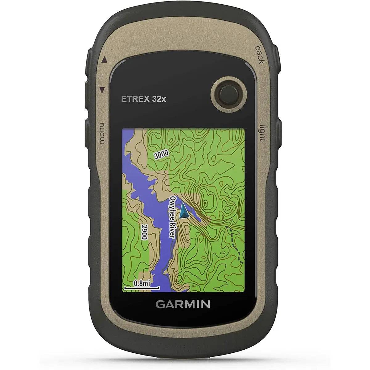 Garmin eTrex 32x GPS handheld device displaying a topographic map with detailed terrain contours, ideal for hikers and outdoor adventurers.
