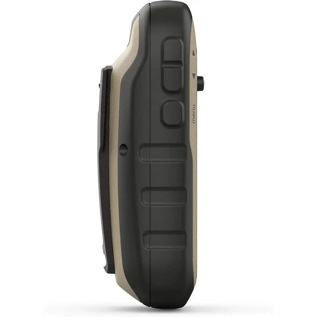 Side profile of the Garmin eTrex 32x GPS handheld device, showcasing its durable construction and ergonomic button placement for easy navigation.  from  John Bull Clothing 