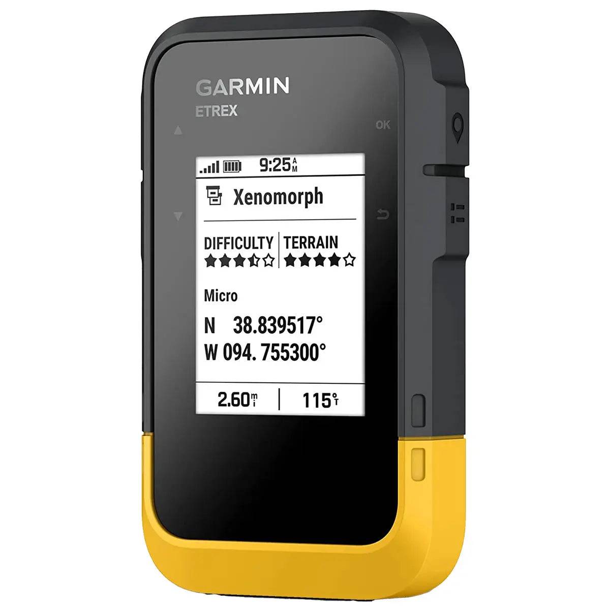 Garmin eTrex SE Handheld GPS Device with a rugged black and yellow design, displaying geocaching coordinates on its monochrome screen.