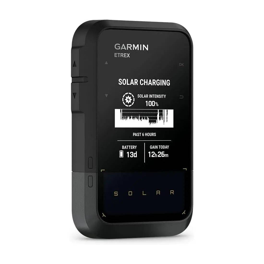 Garmin eTrex Solar Powered Hiking GPS Handheld with solar charging display, ensuring extended battery life for outdoor adventures.