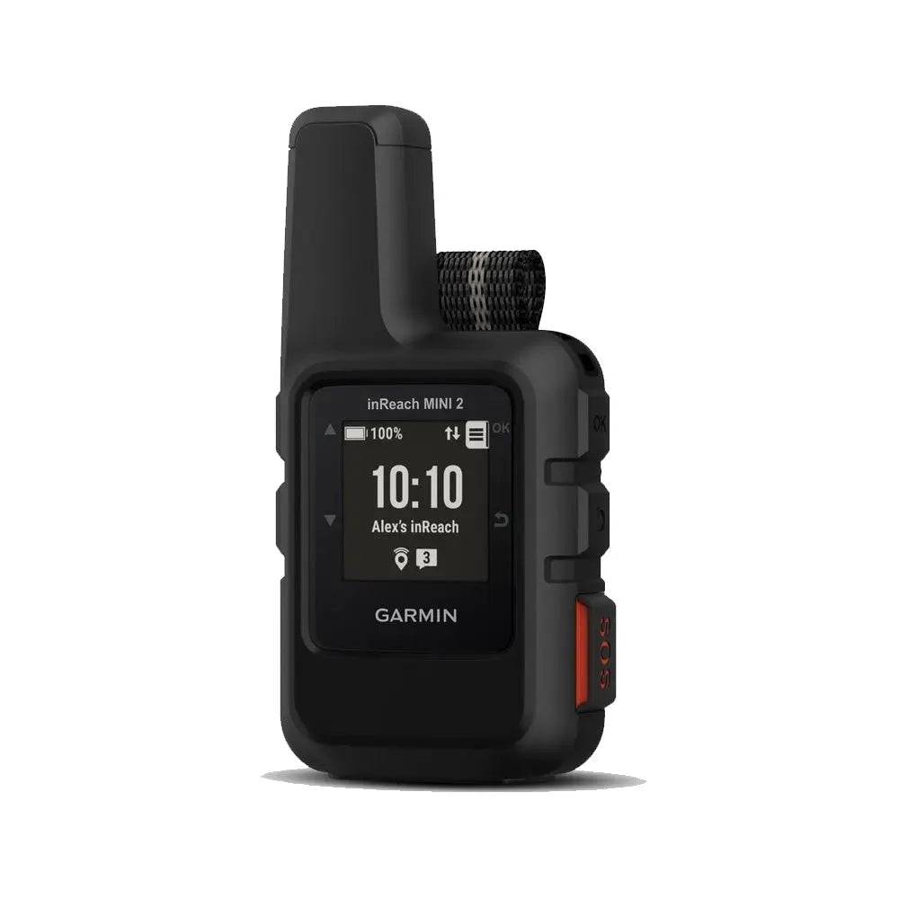 Garmin inReach Mini 2 satellite communicator in black, featuring a compact design with GPS navigation and emergency SOS button.