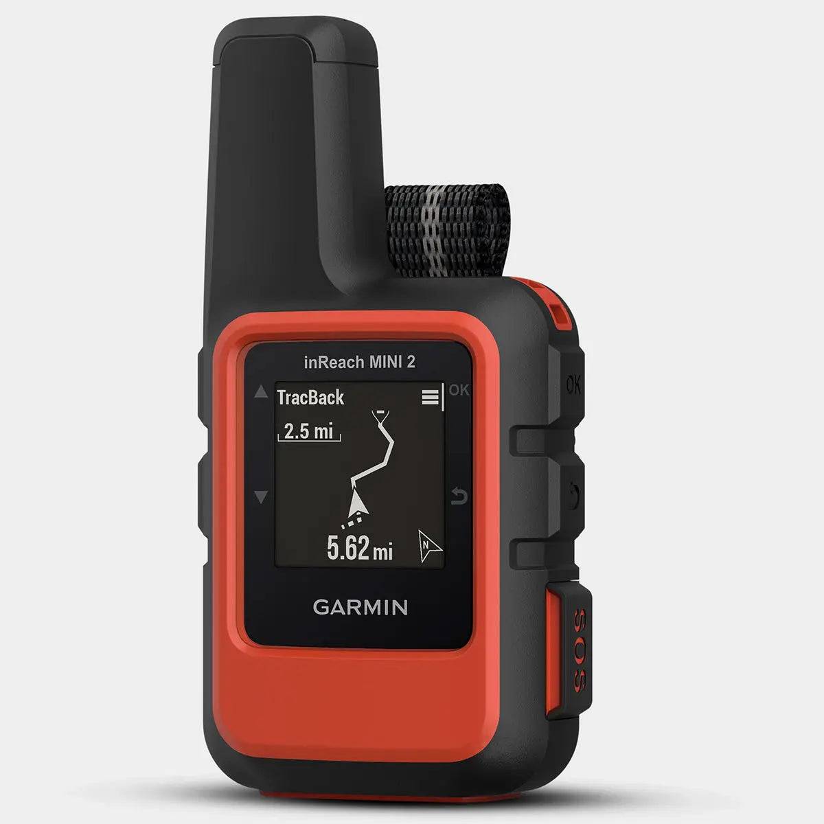 Garmin inReach Mini 2 satellite communicator in red with GPS tracking and SOS functionality for off-grid communication.