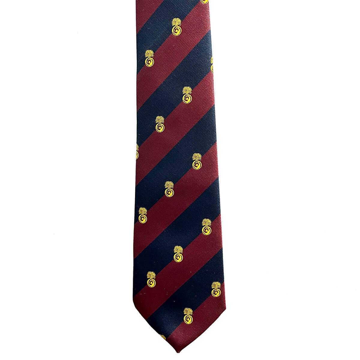 Close-up of Grenadier Guards Crest Regimental Polyester Tie showing detailed gold crests on maroon and navy stripes. Premium unisex neckwear for military heritage.
