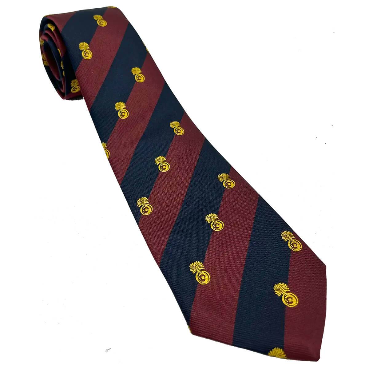 Grenadier Guards Crest Regimental Polyester Tie by John Bulls featuring maroon and navy diagonal stripes with gold crest emblems. Ideal for formal military attire.