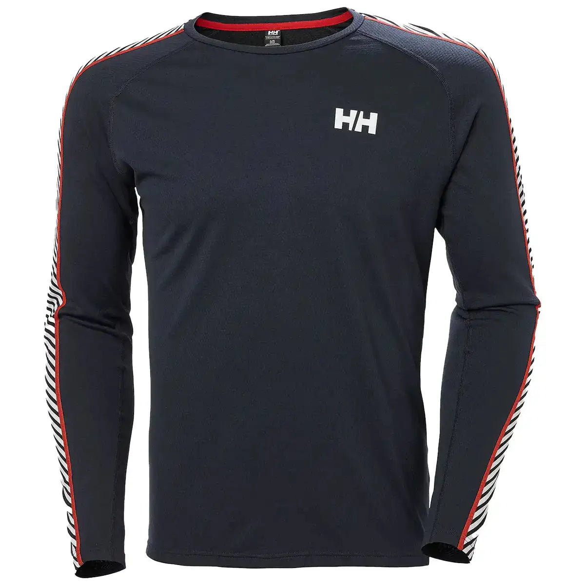 Navy HH Lifa Active Crew Long Sleeve Base Layer with red-accented striped sleeves, ideal for winter sports and training from John Bulls. Navy with Stripe from  John Bull Clothing 
