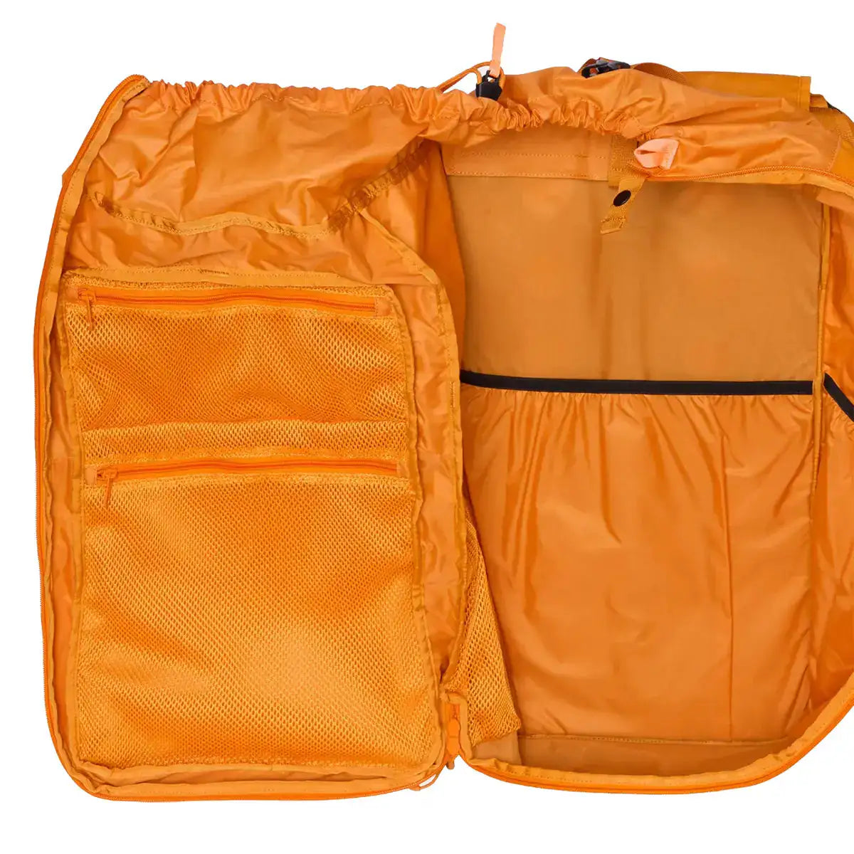 Bright orange rescue backpack with multiple mesh and zippered compartments, designed for emergency and outdoor use, interior view  from  John Bull Clothing 