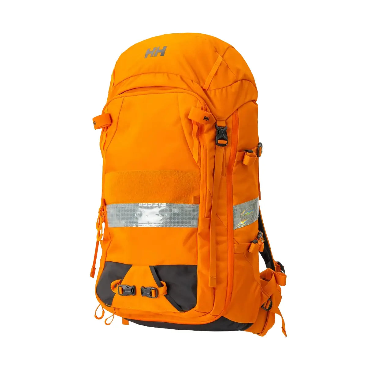 Bright orange Helly Hansen Alpine SAR 45 rescue backpack with reflective strips, multiple compartments, and adjustable straps for outdoor safety