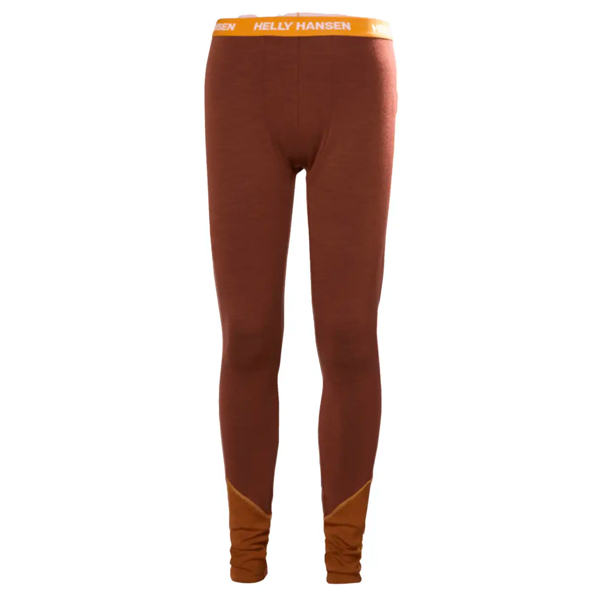 Men's Helly Hansen midweight base layer trousers in rust color, slim fit with Helly Hansen branded waistband, designed for outdoor comfort - SKU: JB1631-NY-S
