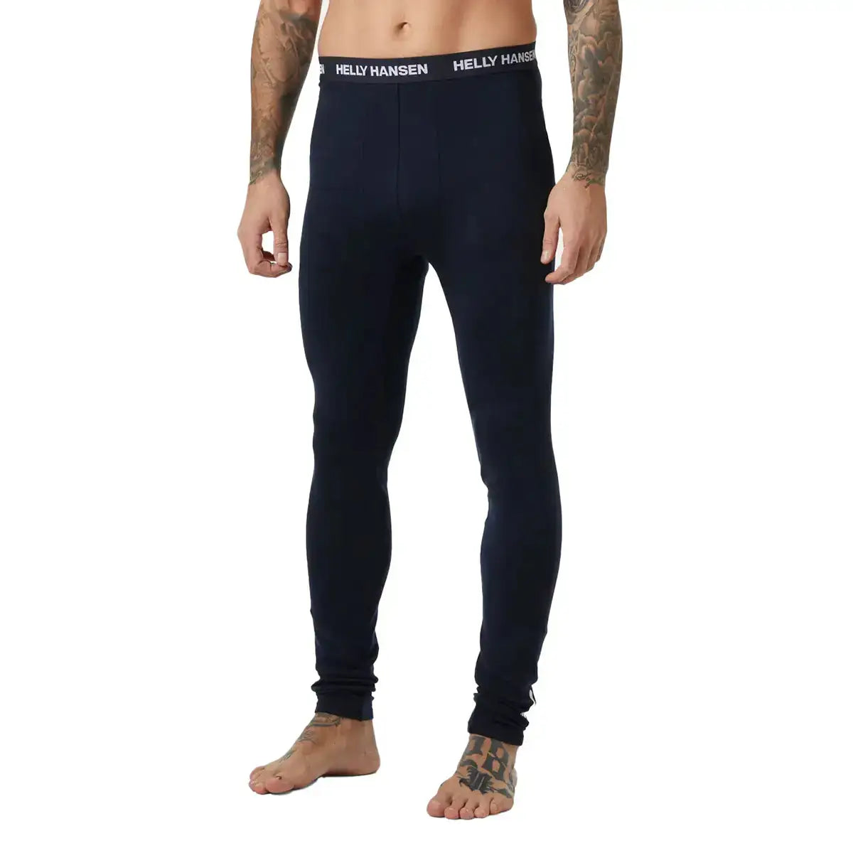 Close-up of men's Helly Hansen long johns in black, showing the snug fit, elastic waistband with Helly Hansen logo, ideal for outdoor warmth - SKU: JB1631-NY-S  from  John Bull Clothing 