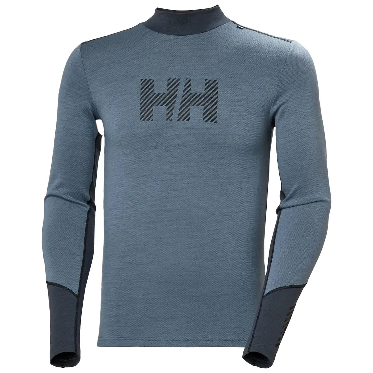 Flat lay of Helly Hansen Lifa Midweight Logo Merino Base Layer showing HH logo on chest and dual-fabric sleeve construction for thermal performance.