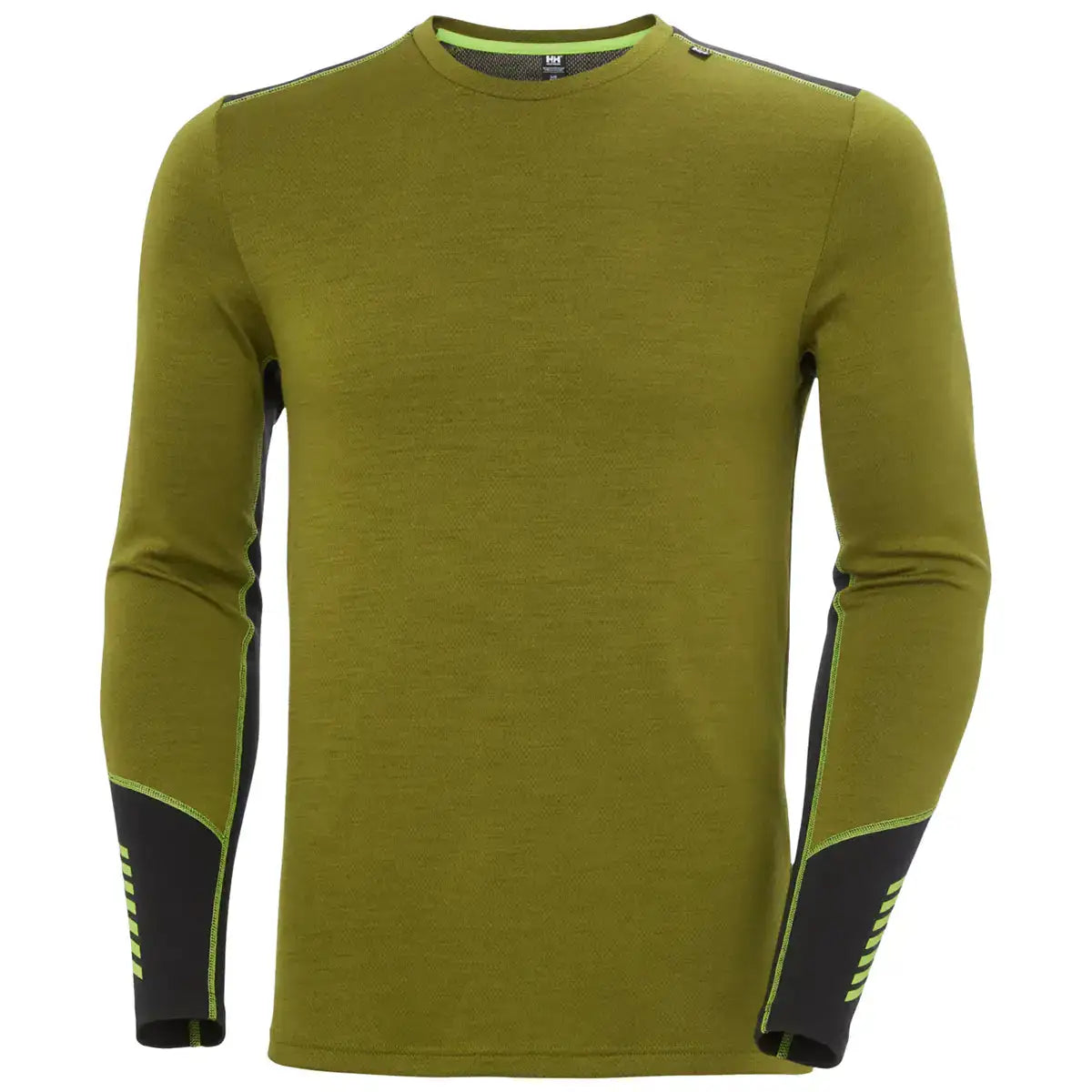 Olive green Helly Hansen Lifa Merino midweight crew base layer shirt with black and neon yellow accents on sleeves, long sleeves, round neck Olive from  John Bull Clothing 