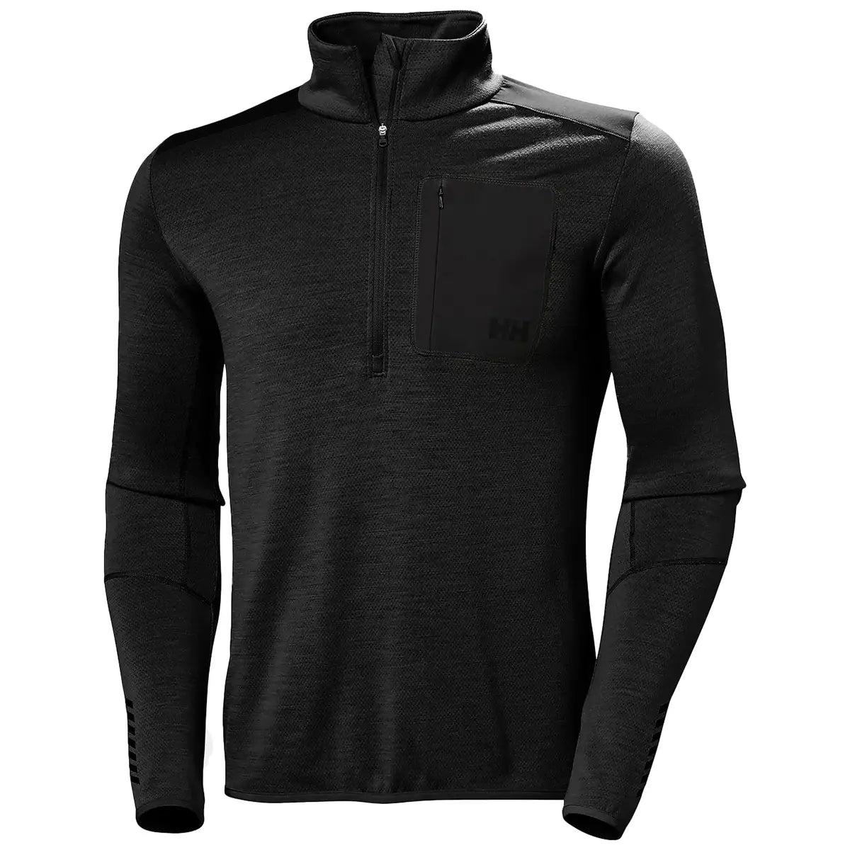 Helly Hansen Lifa Merino Wool Mid Layer 1/2 Zip in black, featuring minimalist design with chest pocket and high collar for thermal performance.