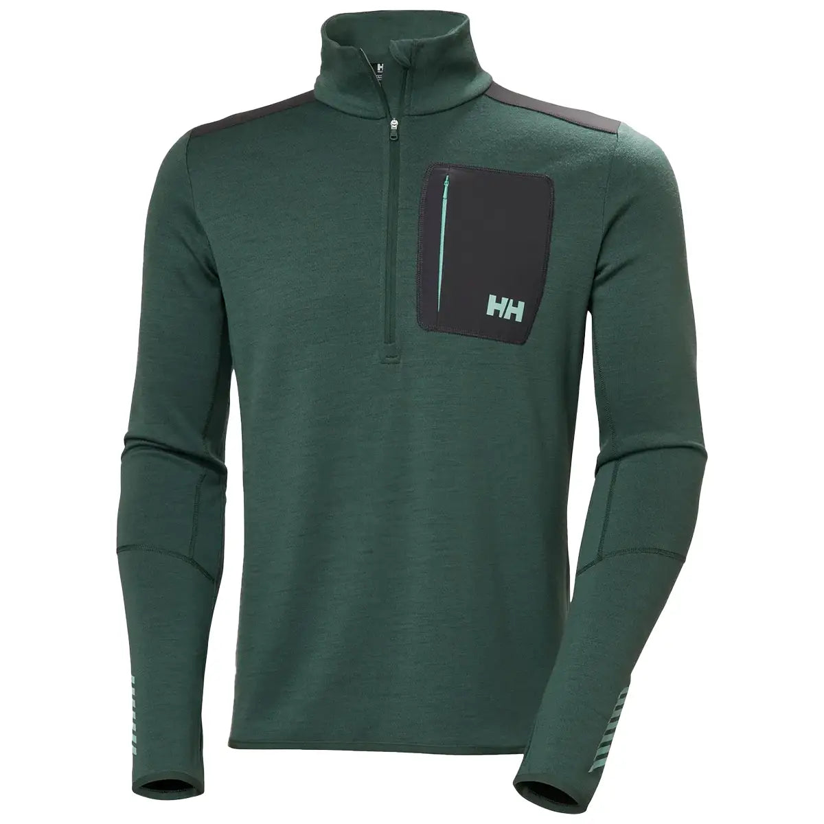 Helly Hansen Lifa Merino Wool Mid Layer 1/2 Zip in green displayed flat, showing technical fabric and athletic cut ideal for activewear layering.