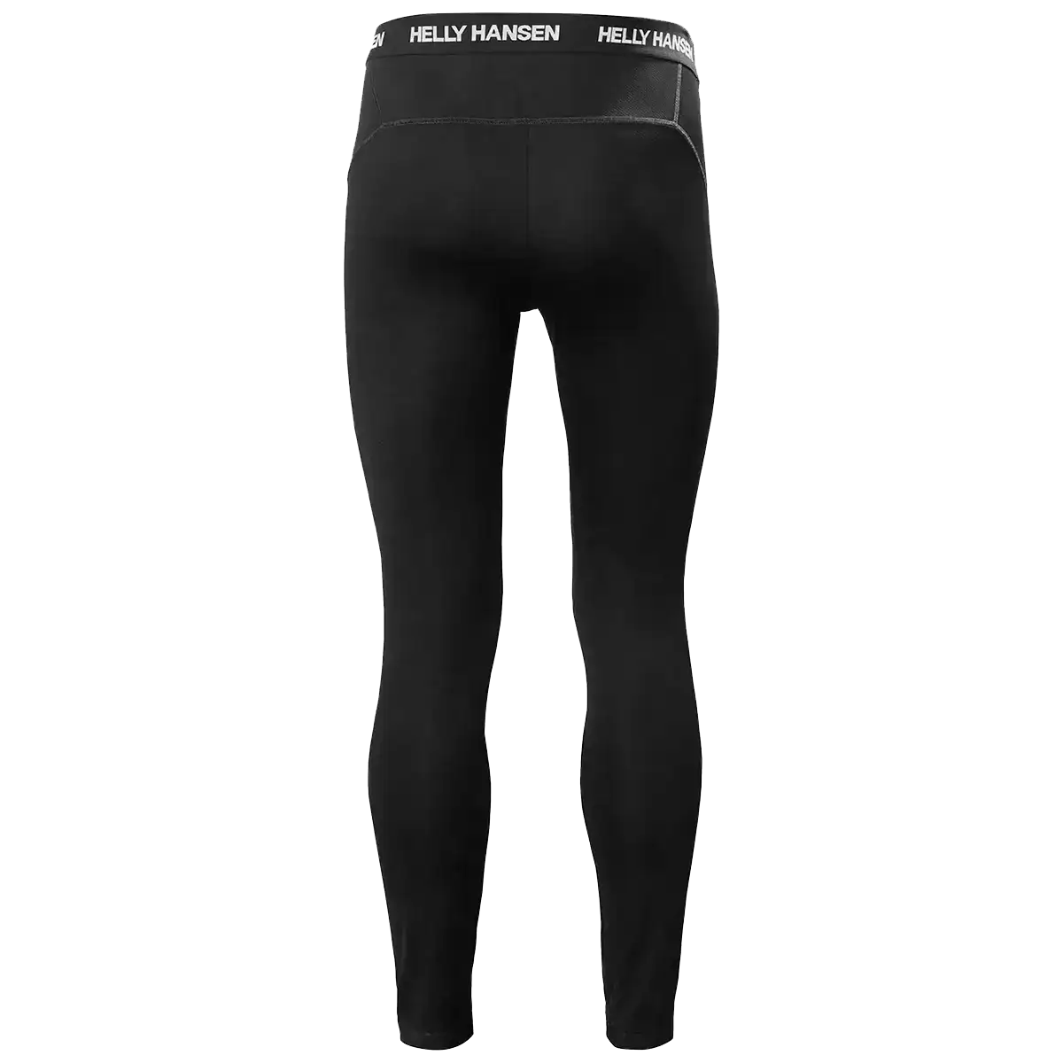 Black Helly Hansen men's lightweight base layer trousers made of polypropylene, with a high elastic waistband featuring Helly Hansen branding, designed for activewear and cold weather insulation.  from  John Bull Clothing 
