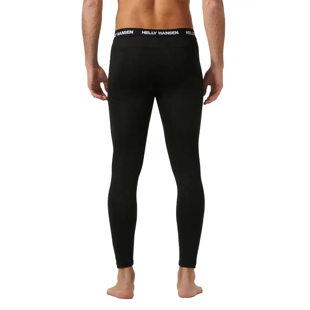 Back view of black Helly Hansen men's base layer tights with a striped side detail and branded waistband, made of stretchy, performance fabric for activewear.  from  John Bull Clothing 