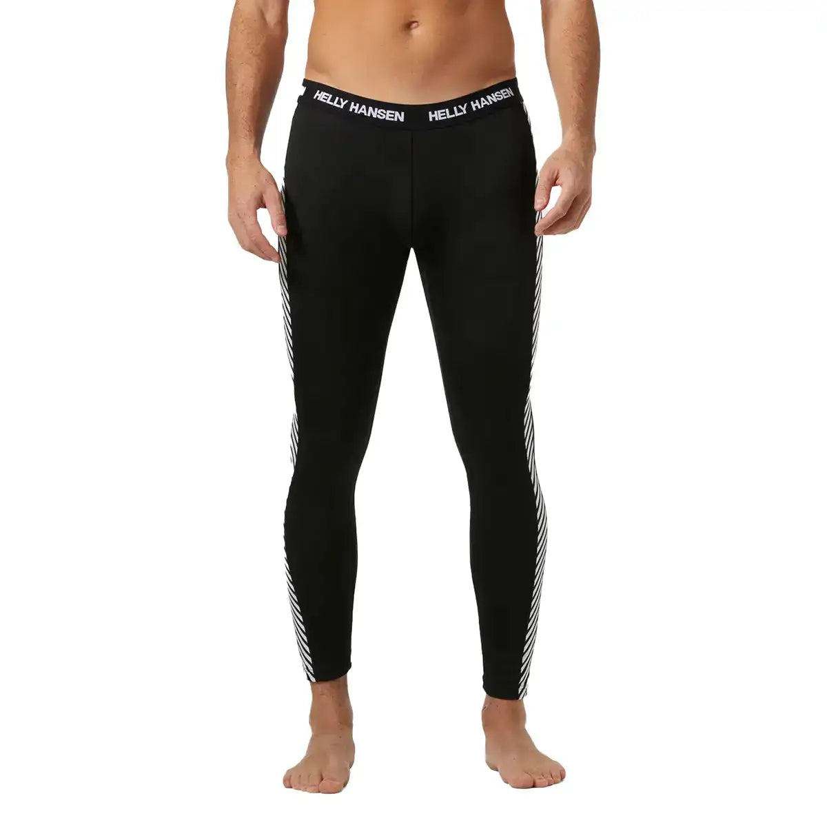 Front view of men's Helly Hansen base layer tights in black, featuring a striped side panel and a branded elastic waistband, ideal for athletic and cold weather activities. Black from  John Bull Clothing 