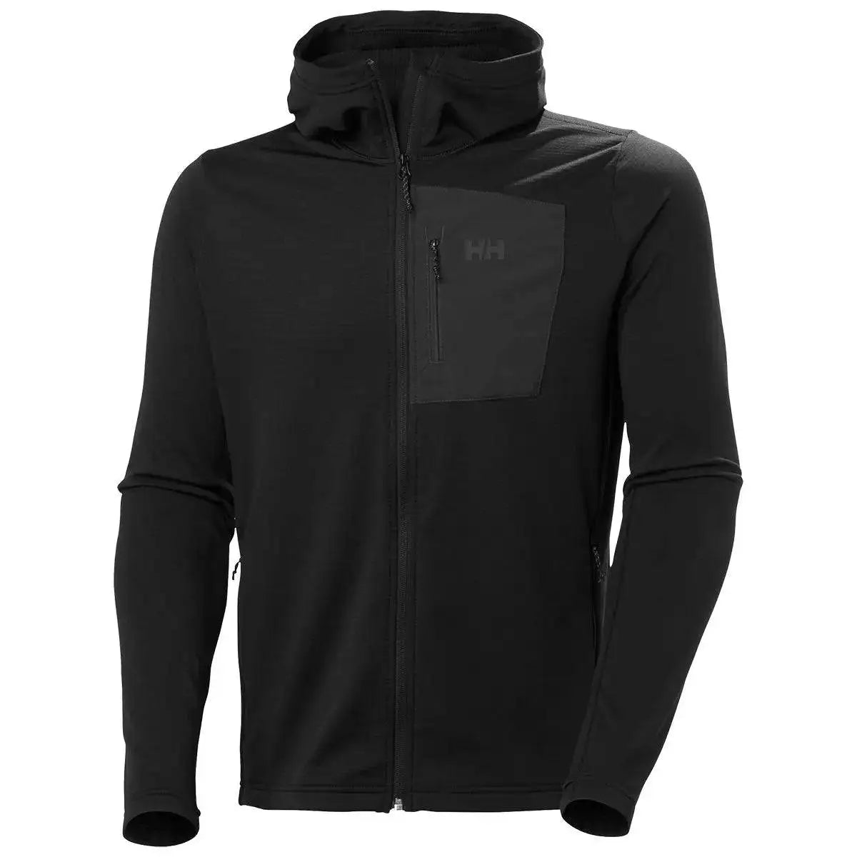 Helly Hansen Versalite Hooded Fleece Jacket in black, designed with a full-zip front, zippered chest pocket, and lightweight fleece fabric. Black from  John Bull Clothing 