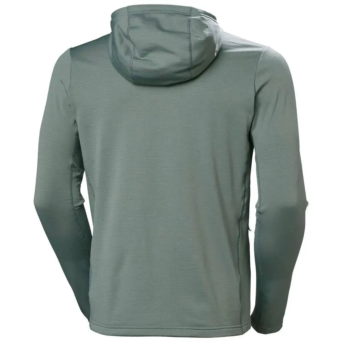 Back view of the Helly Hansen Versalite Hooded Fleece Jacket in green, highlighting the streamlined design and comfortable hood for added coverage.  from  John Bull Clothing 