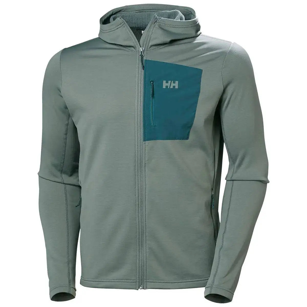 Helly Hansen Versalite Hooded Fleece Jacket in green with a zippered chest pocket and full-zip front for lightweight warmth and versatility. Grey Cactus from  John Bull Clothing 