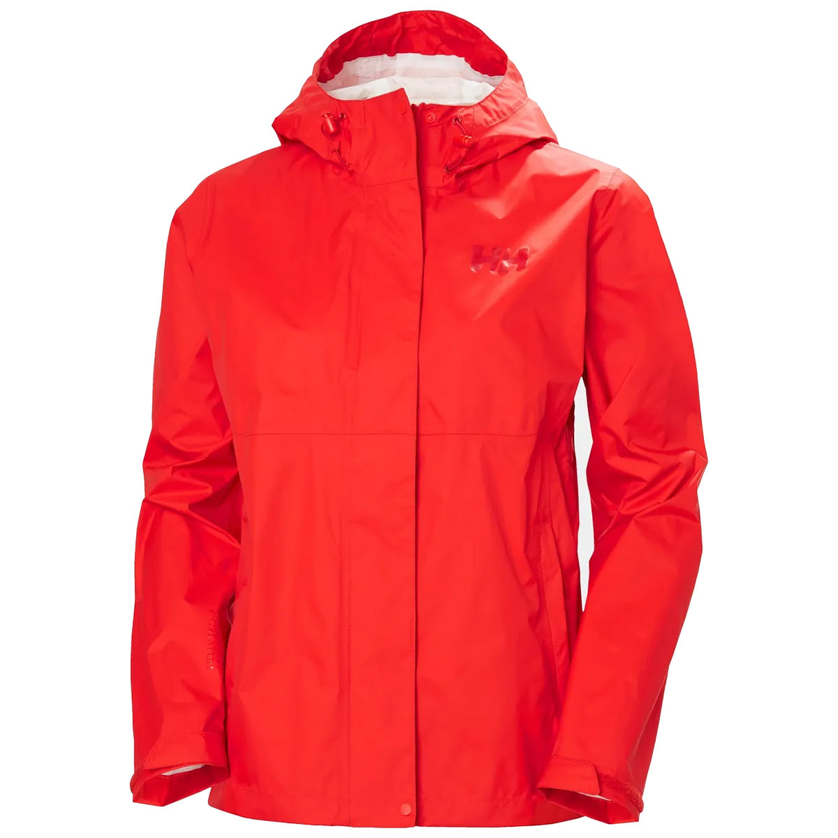 Bright red Helly Hansen Womans Loke 2.0 Waterproof Jacket featuring a sleek design and waterproof shell for active outdoor use.