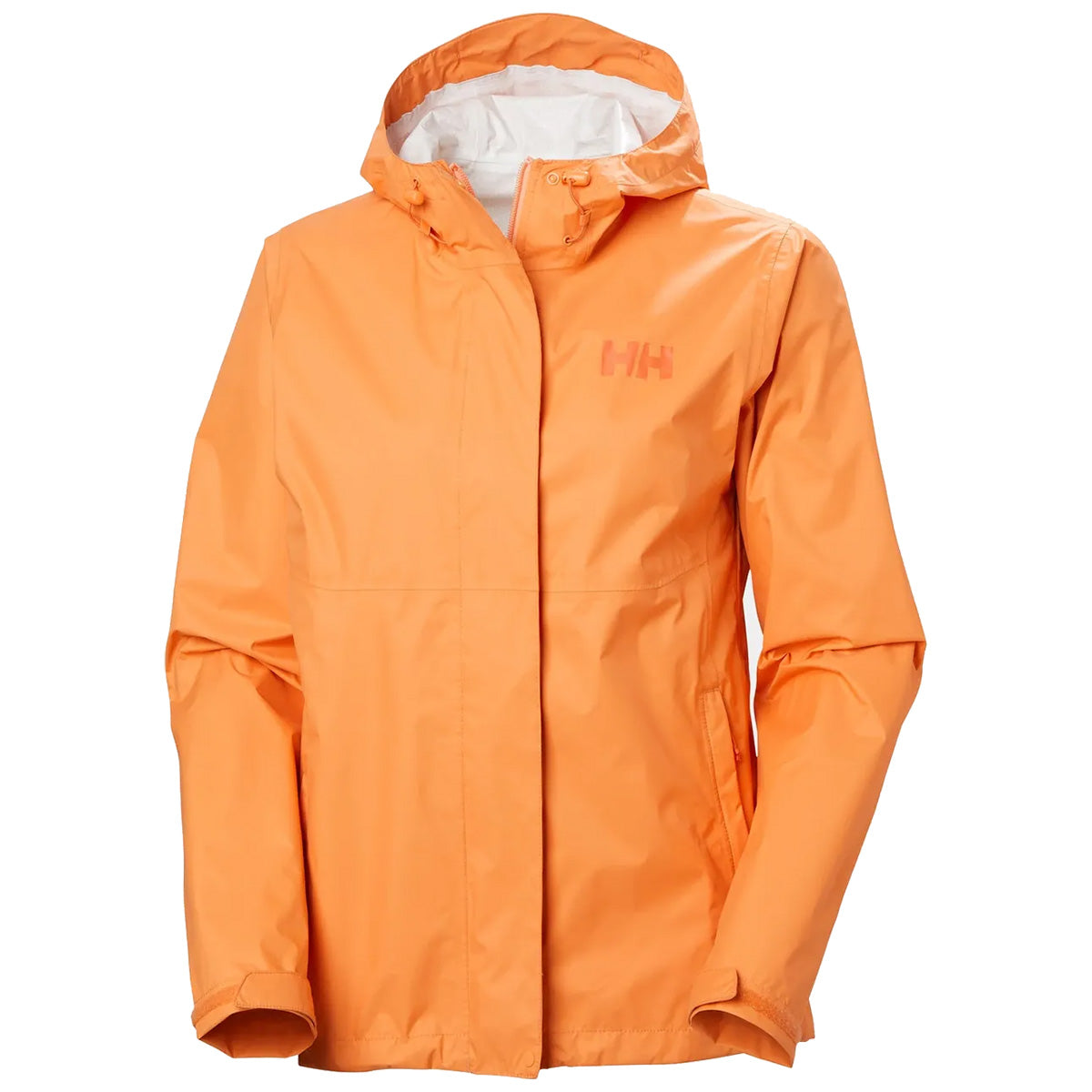 Helly Hansen Womans Loke 2.0 Waterproof Jacket in orange with hood and front zip, ideal for rain protection and outdoor wear.