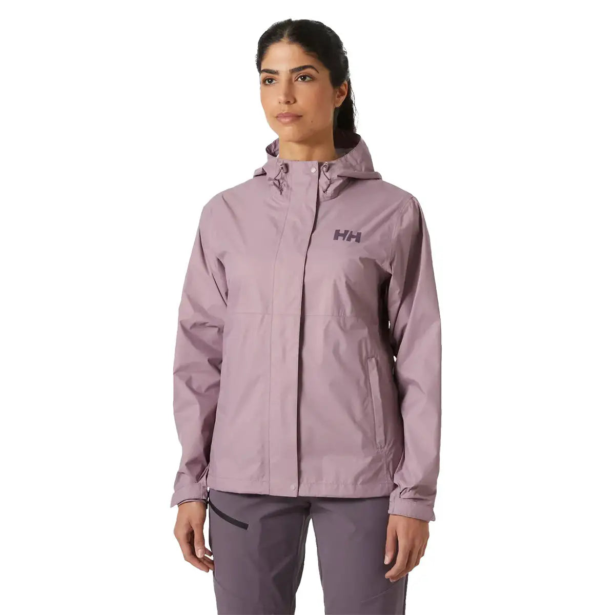 Model wearing Helly Hansen Womans Loke 2.0 Waterproof Jacket in purple, demonstrating fit and outdoor-ready style.  from  John Bull Clothing 