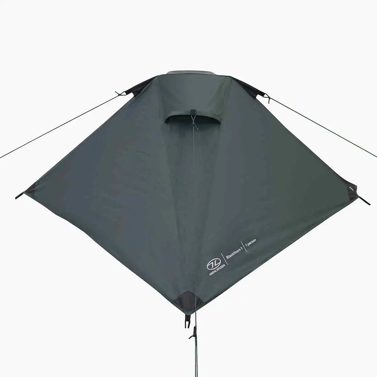 Top-down view of Highlander Blackthorn 1 Person Tent Gen 2 in green, highlighting its streamlined structure and ventilation flap.  from  John Bull Clothing 